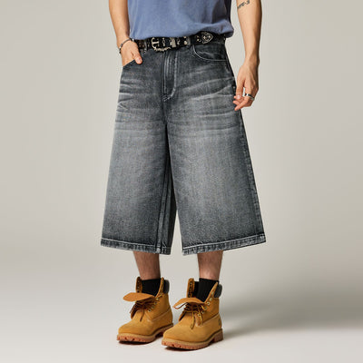 Men's Summer Gradient Cat Whisker Wide-Leg Denim Shorts