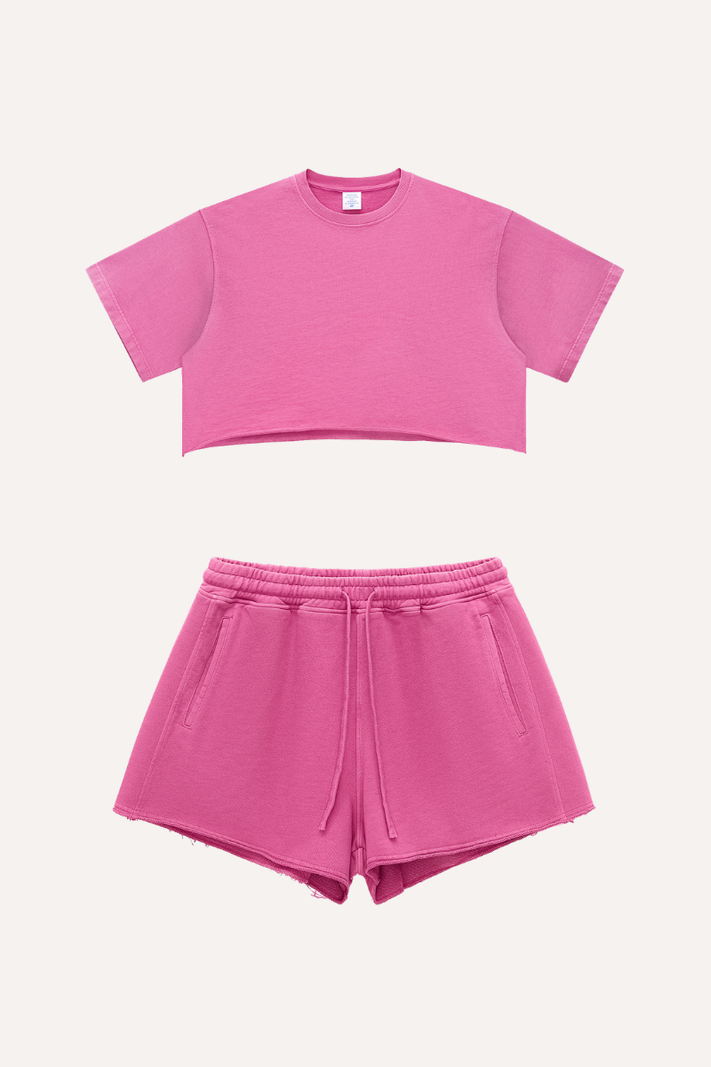 Women's Summer Washed Crop Boxy 280g Cotton Distressed Set