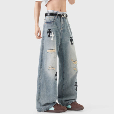 Men's Spring Light Blue Ripped Cross Patch Denim Jeans
