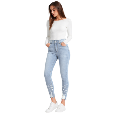 Women's High Waist Pearl Embellished Stretch Skinny Jeans
