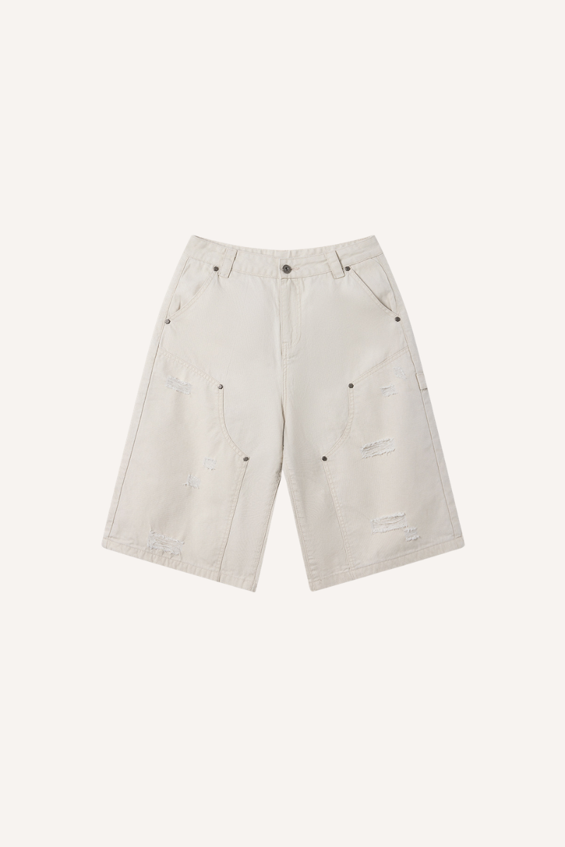 Men's Summer Retro Cargo Ripped Loose 7/8 Washed Shorts