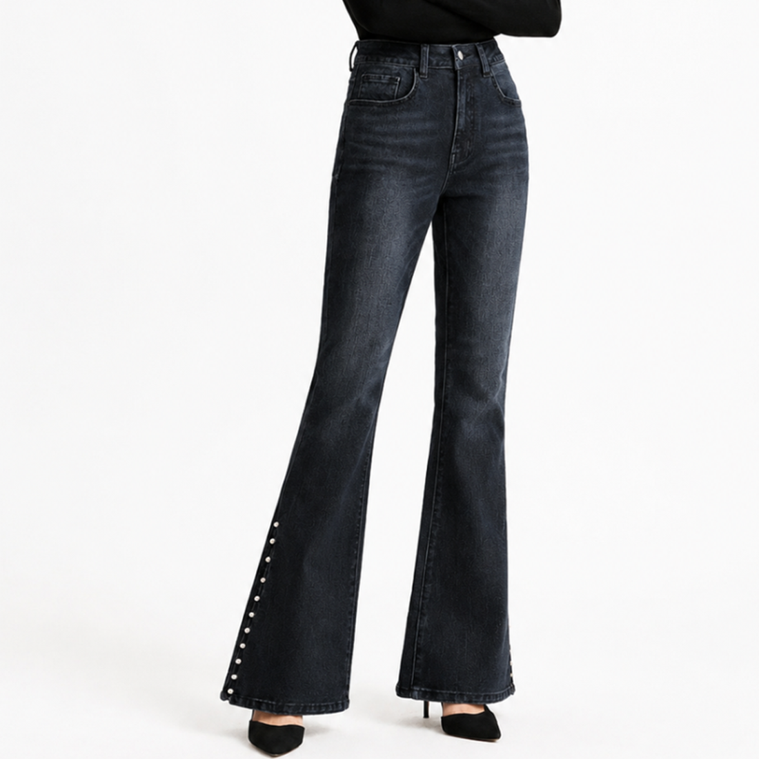 Women's High Waist Flare Jeans with Side Pearl Details