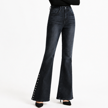 Women's High Waist Flare Jeans with Side Pearl Details