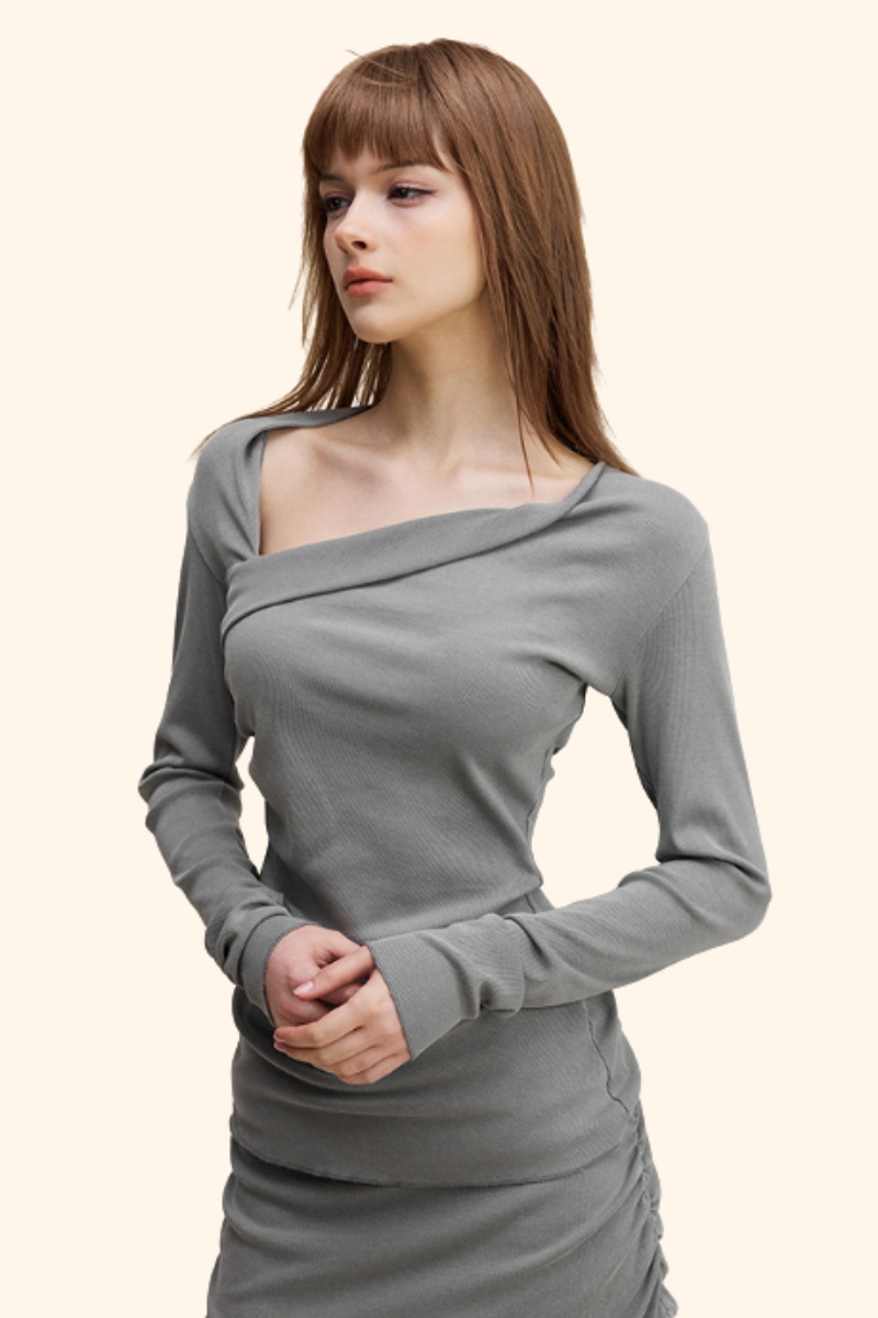 Women's 275G Washed Tee - Draped Ruched Slim Asymmetric Top