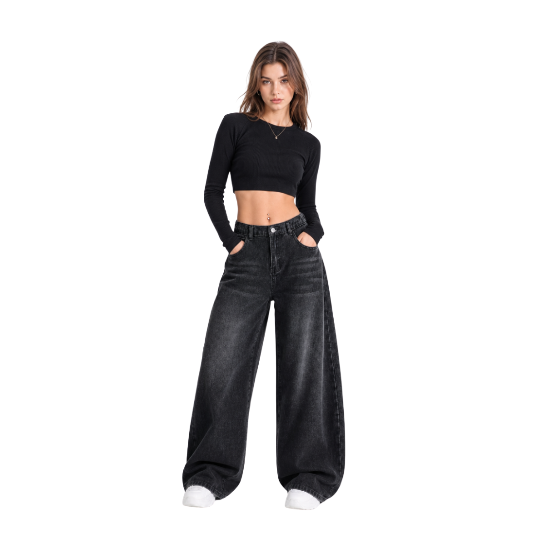 Women's high-rise wide-leg jeans with a half-elastic waist