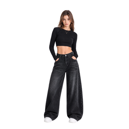 Women's high-rise wide-leg jeans with a half-elastic waist