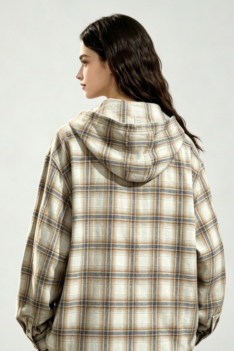 Unisex Spring Vintage Hooded Plaid Button-Down Overshirt