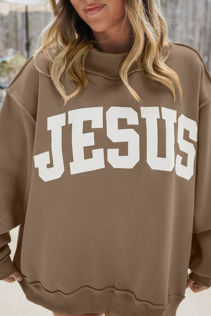 Women Fall Oversized Letter Patch Mock Neck Sweatshirt