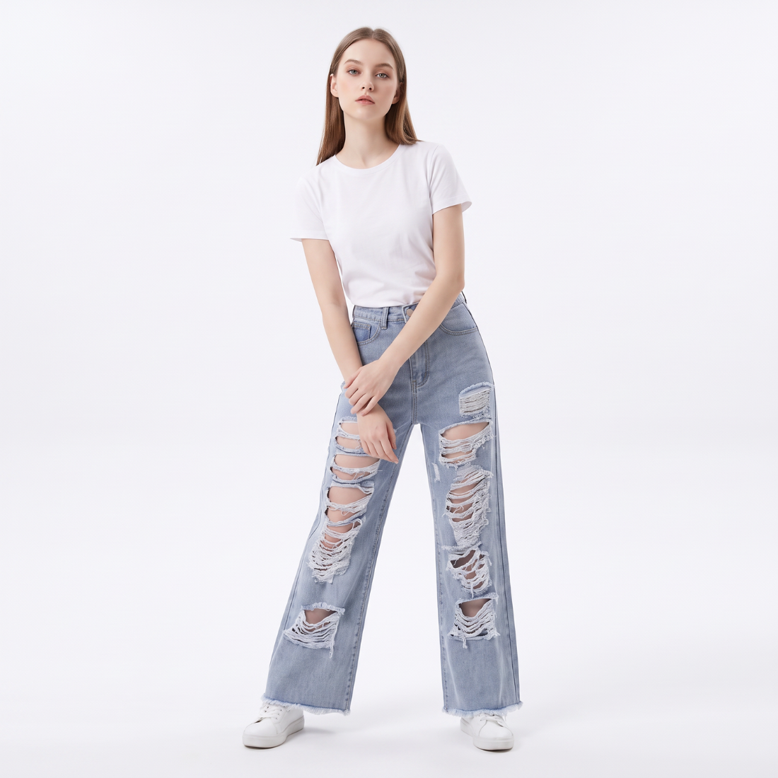 Women's High Waist Distressed Wide Leg Jeans