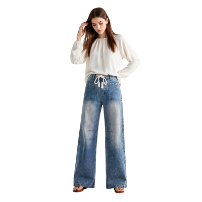 Women's High Waist Drawstring Wide Leg Jeans