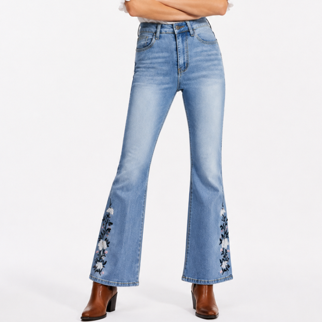 Women's High Waist Floral Embroidered Flare Jeans
