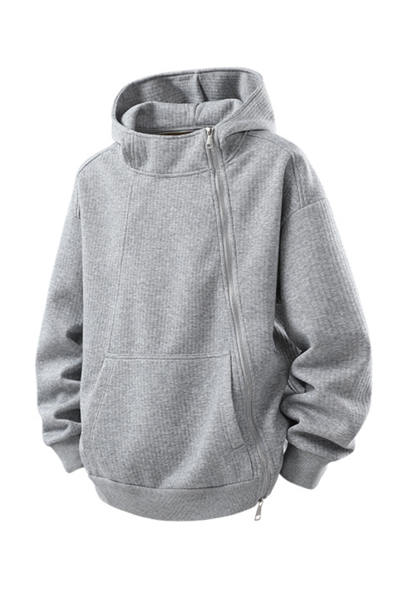Men's Fall Winter Waffle-Knit Diagonal-Zip Loose Hoodie