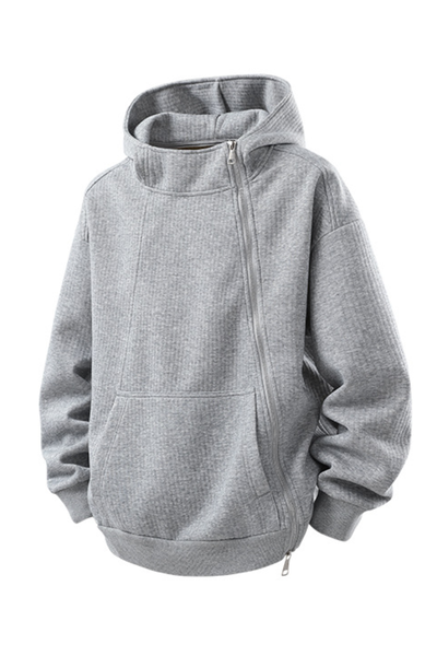 Men's Fall Winter Waffle-Knit Diagonal-Zip Loose Hoodie
