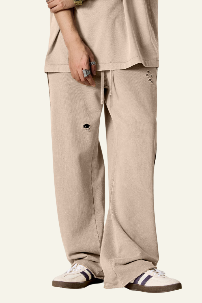 Men's Vintage Washed Frayed Hem Cotton Straight Leg Pants