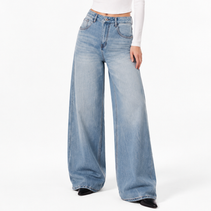 Women's 100% Cotton High Waist Wash Wide Leg Jeans