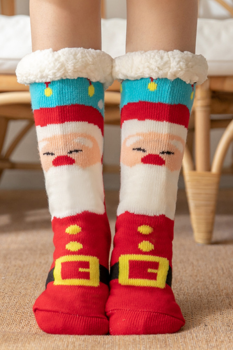 Women Winter Christmas Fleece Cuff Non Slip Slipper Socks