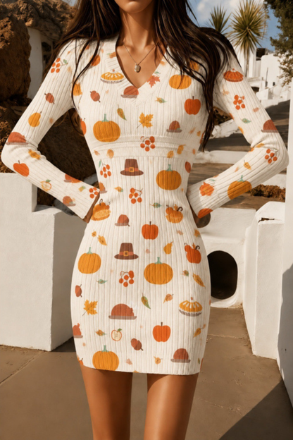 Women Fall Halloween Pumpkin Ribbed Bodycon Mini Dress