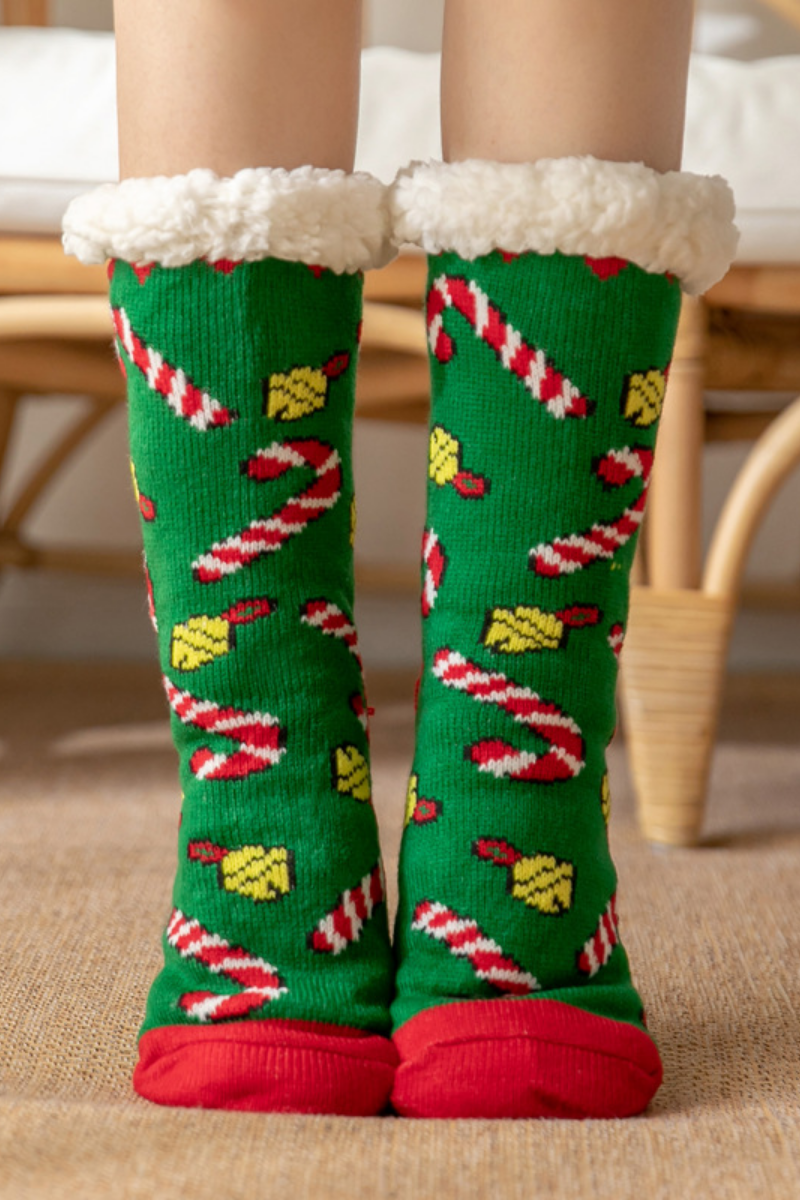 Women Winter Christmas Fleece Cuff Non Slip Slipper Socks