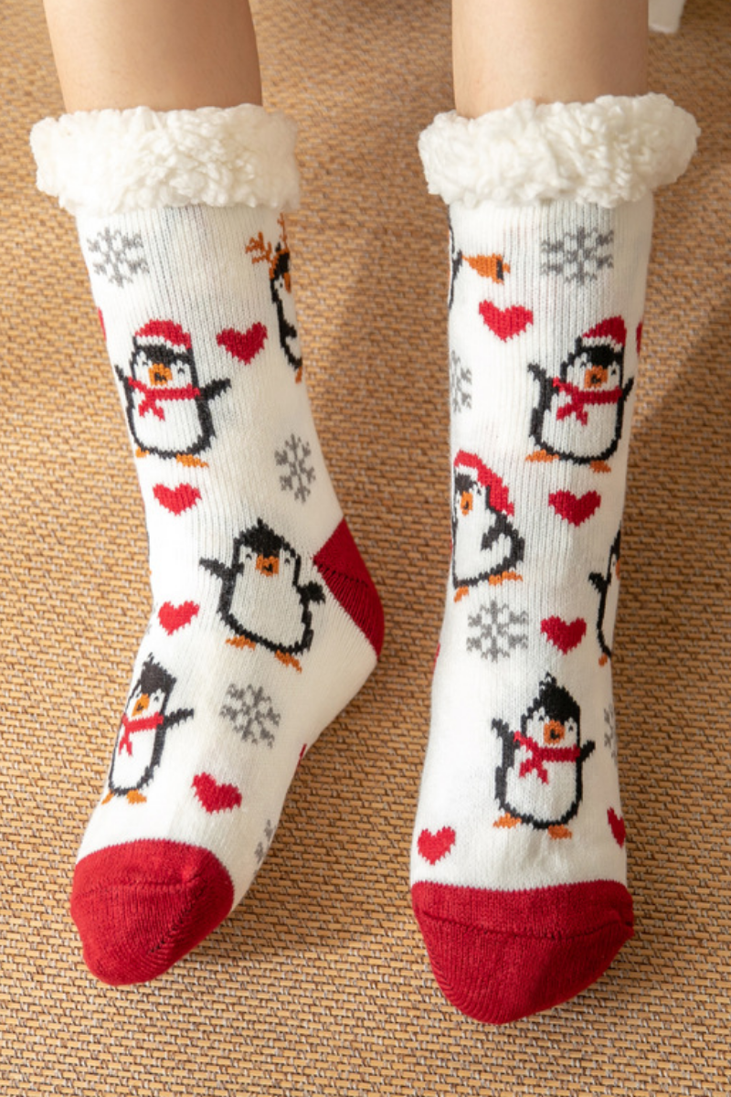 Women Winter Christmas Fleece Cuff Non Slip Slipper Socks