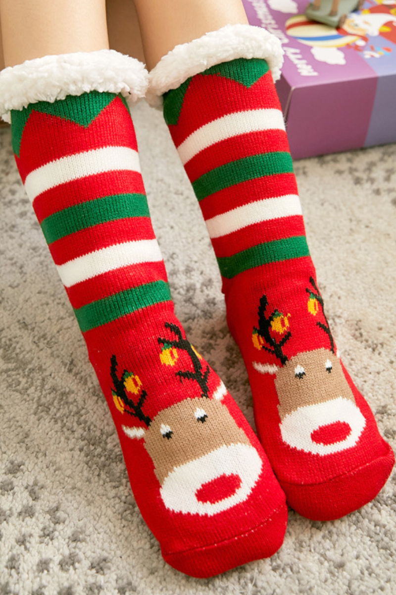 Women Winter Christmas Fleece Cuff Non Slip Slipper Socks