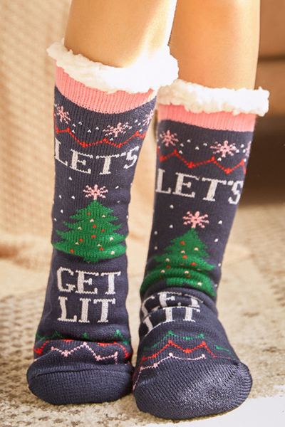 Women Winter Christmas Fleece Cuff Non Slip Slipper Socks