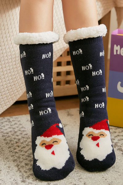 Women Winter Christmas Fleece Cuff Non Slip Slipper Socks