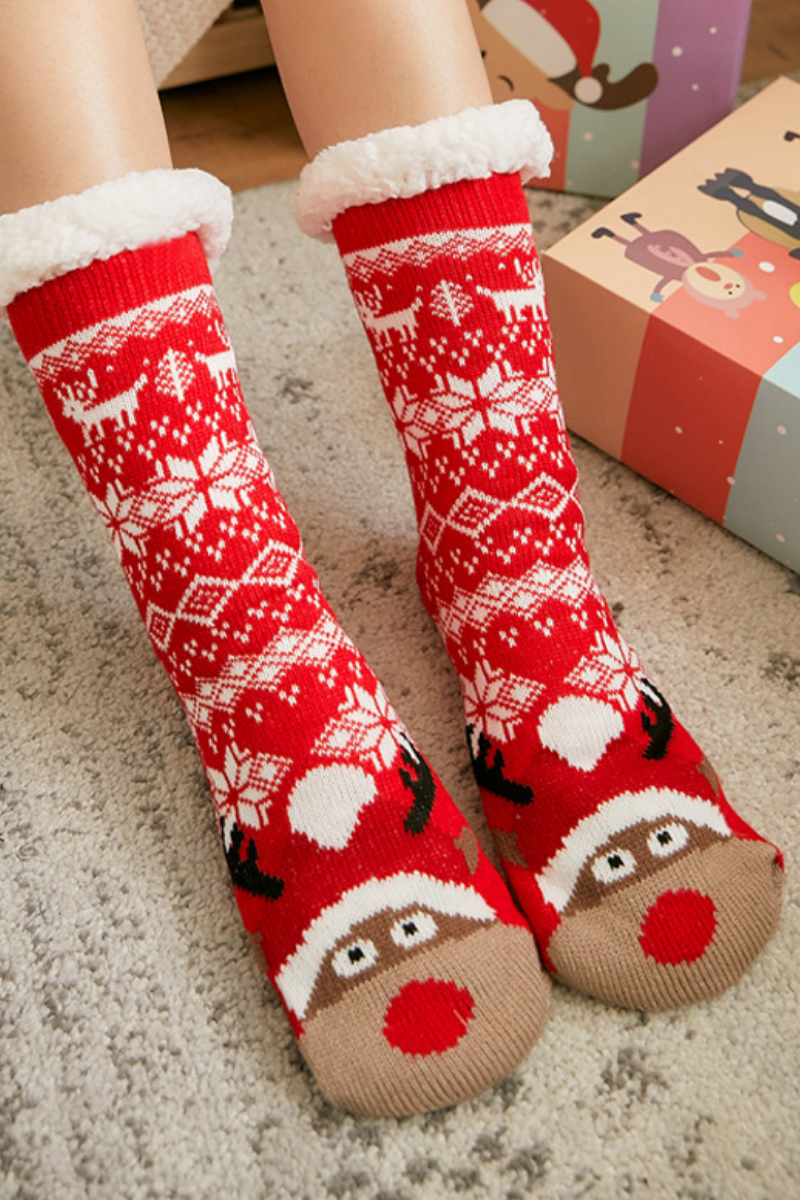 Women Winter Christmas Fleece Cuff Non Slip Slipper Socks