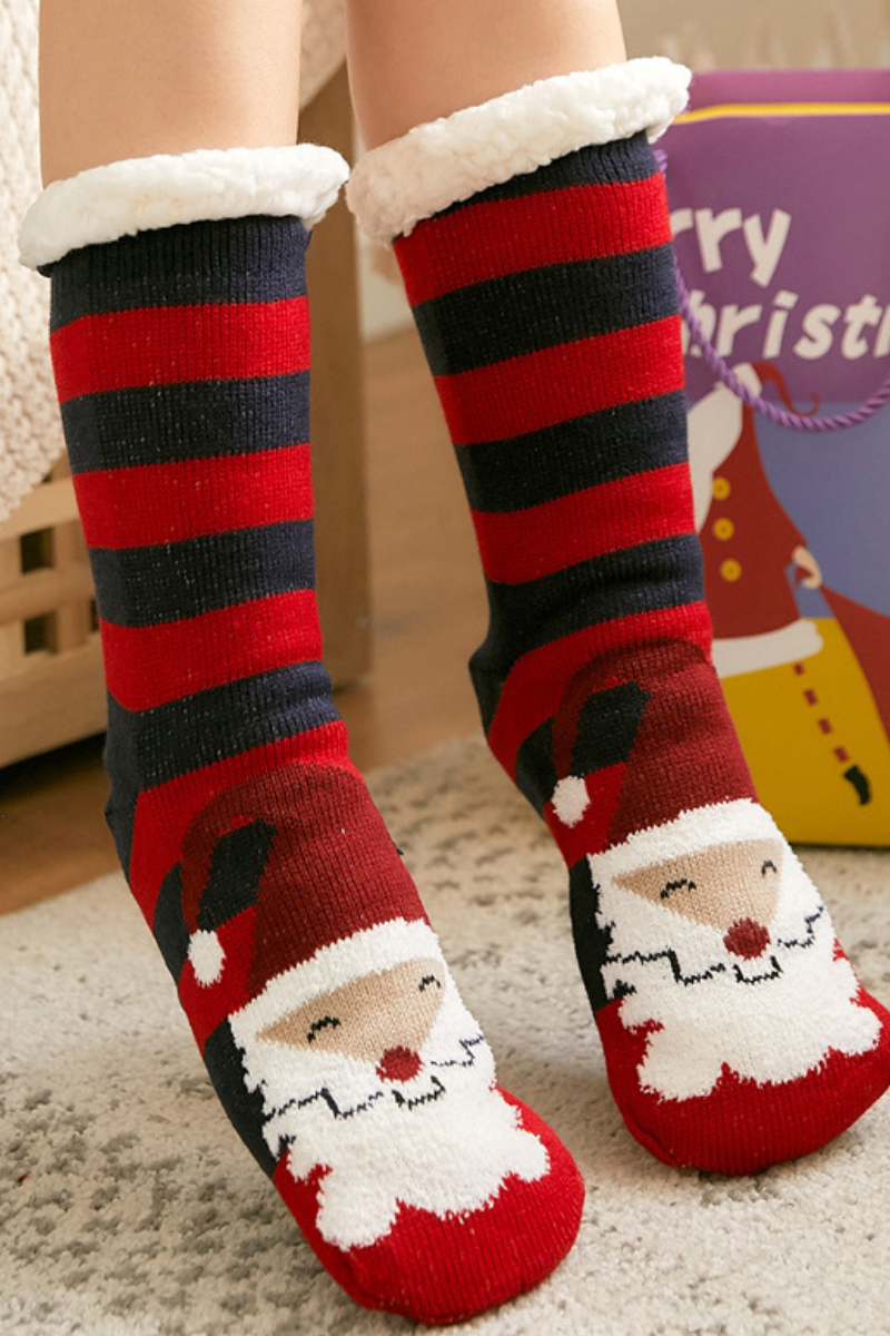 Women Winter Christmas Fleece Cuff Non Slip Slipper Socks