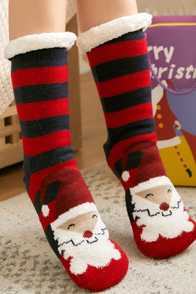 Women Winter Christmas Fleece Cuff Non Slip Slipper Socks