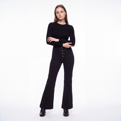 Women's Black High Waist Button Fly Stretch Flare Jeans