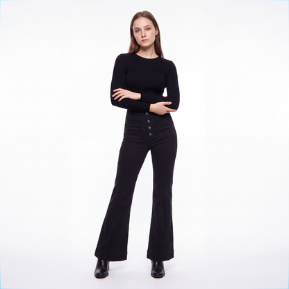 Women's Black High Waist Button Fly Stretch Flare Jeans
