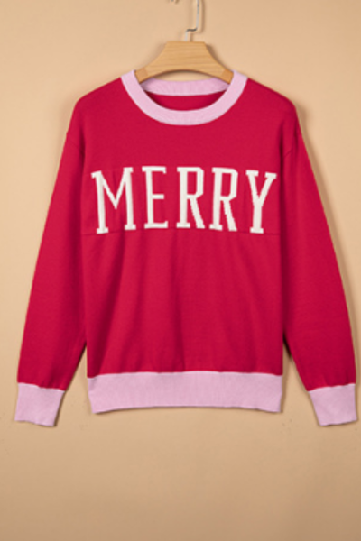 Women's Christmas Letter Color Block Loose Crew Neck Sweater