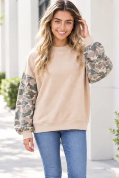Women Fall Clothing Camo Sleeve Soft Mock Neck Sweatshirt