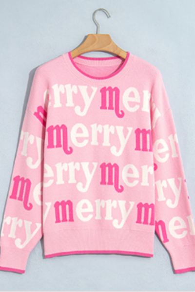 Women's Christmas Letter Print Loose Crew Neck Knit Sweater
