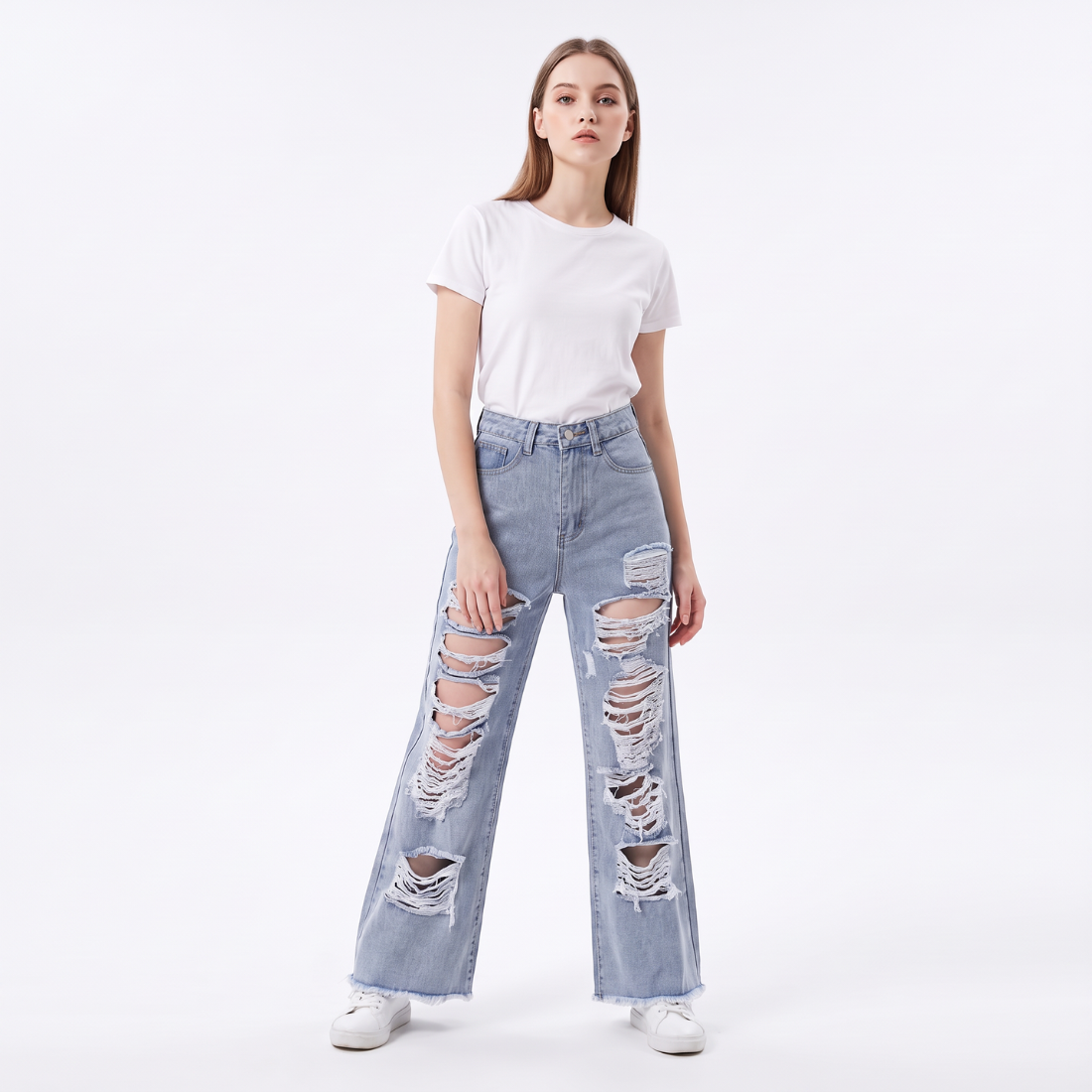 Women's High Waist Distressed Wide Leg Jeans