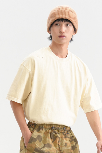 Men's Cotton Washed Distressed Hole Crewneck Tee
