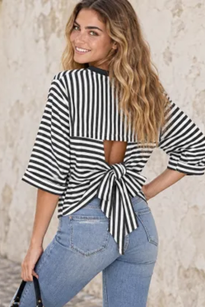 Women Spring/Summer Striped Back Tie Relaxed Blouse