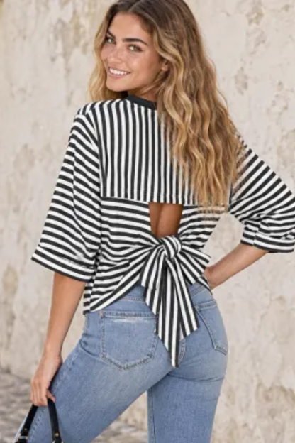 Women Spring/Summer Striped Back Tie Relaxed Blouse