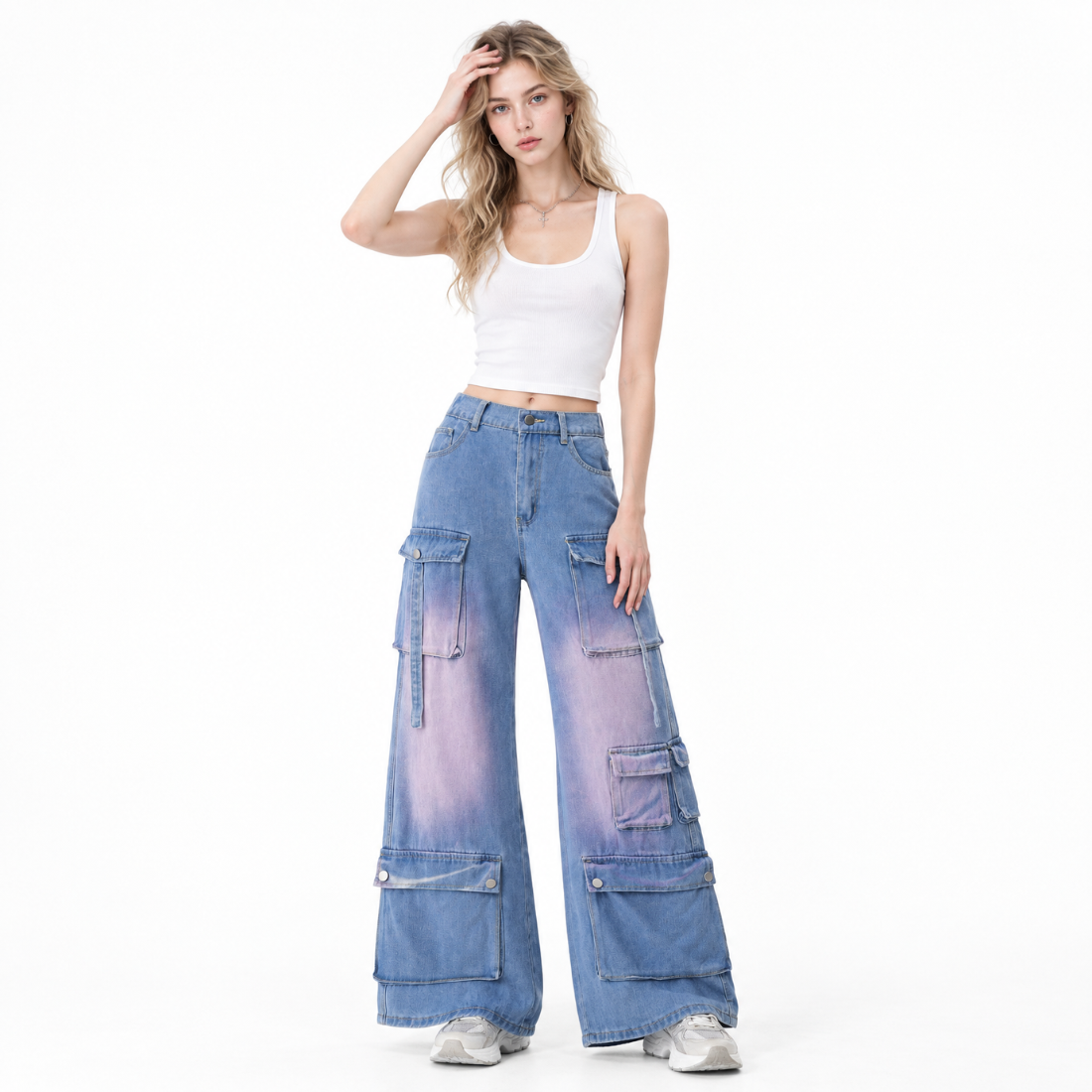 Women's Multi-Pocket High Waist Cargo Wide Leg Jeans
