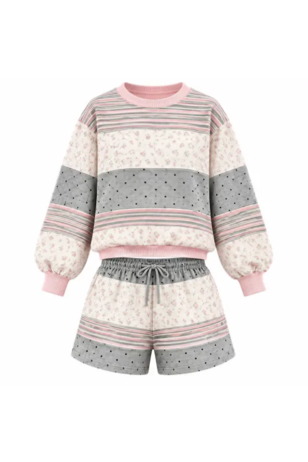Women Spring Mixed Print Waffle Knit Lounge Shorts Set