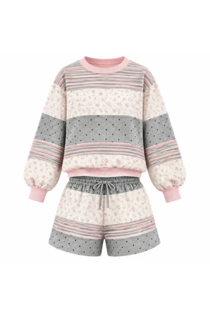 Women Spring Mixed Print Waffle Knit Lounge Shorts Set