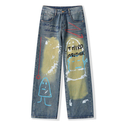Men's Spring Dark Blue Graffiti Print Wide Leg Denim Jeans