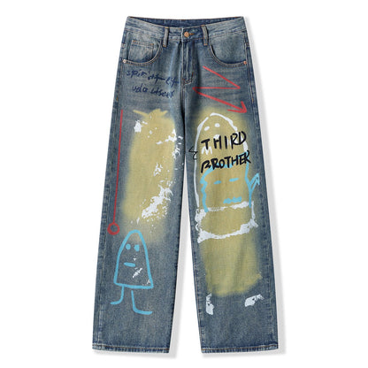 Men's Spring Dark Blue Graffiti Print Wide Leg Denim Jeans