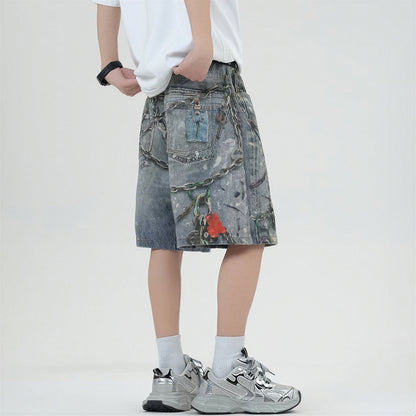 Men's Summer Vintage Washed Chain Print Baggy Denim Shorts