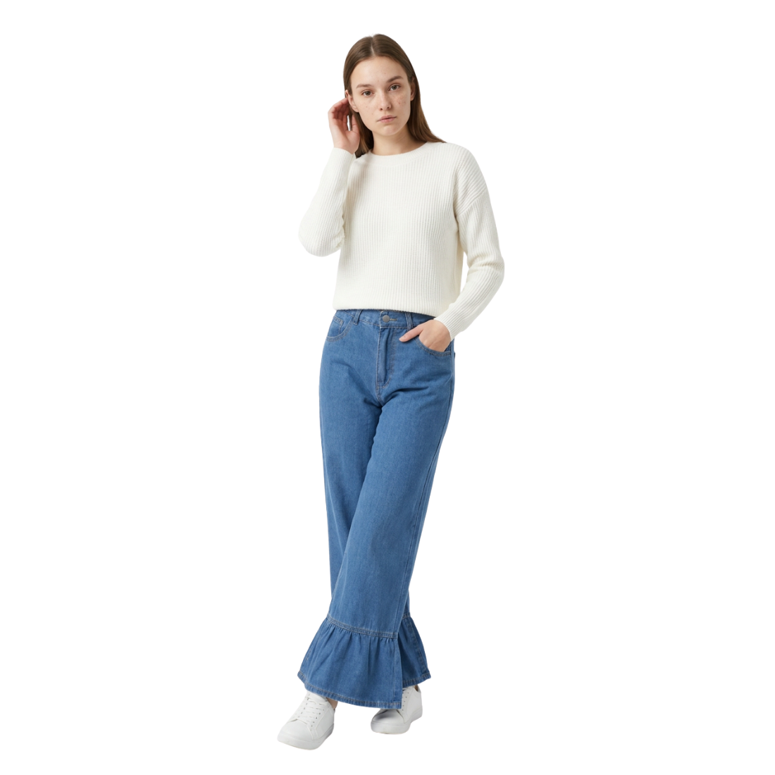 Women's High Waist Ruffle Hem Wide Leg Jeans