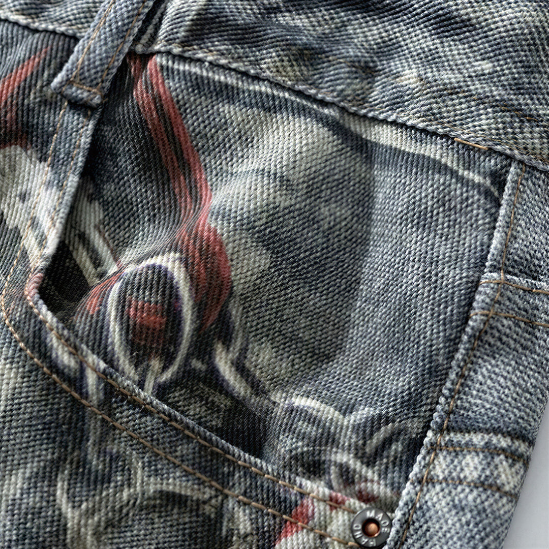 Men's Summer Vintage Washed Chain Print Baggy Denim Shorts