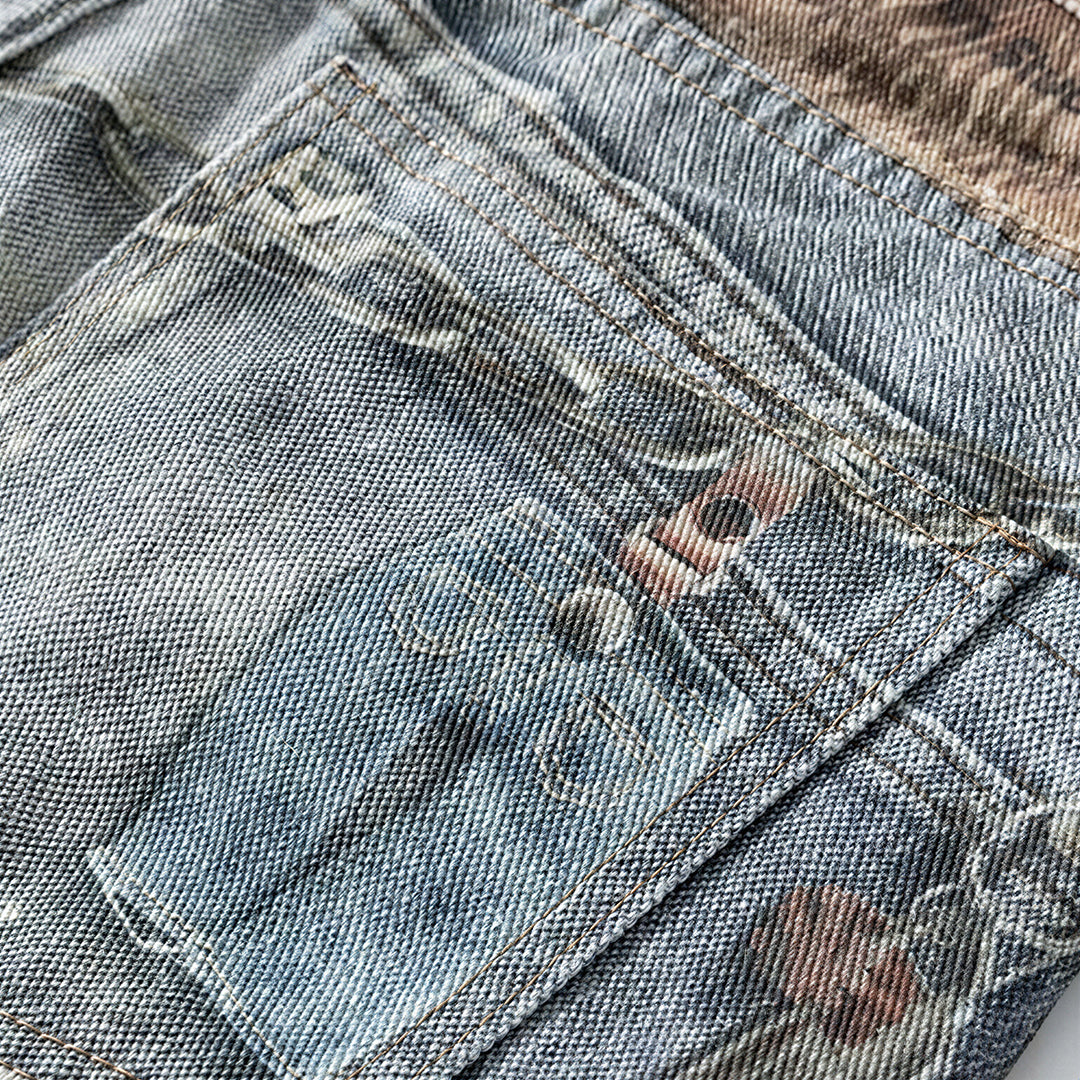 Men's Summer Vintage Washed Chain Print Baggy Denim Shorts