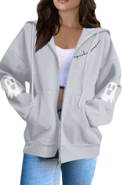 Women Fall Clothing Halloween Ghost Graphic Zip Up Hoodie