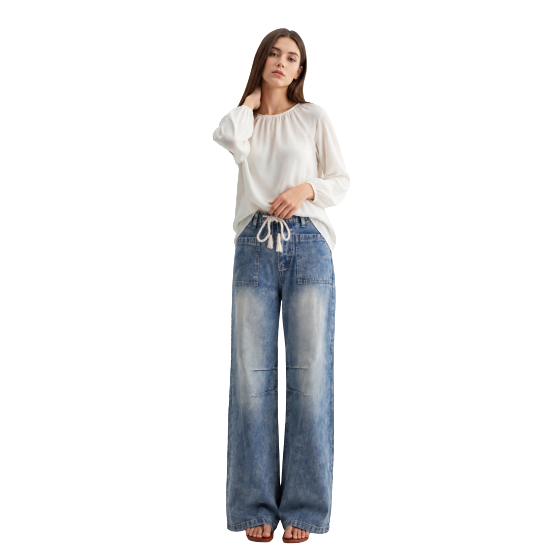 Women's High Waist Drawstring Wide Leg Jeans