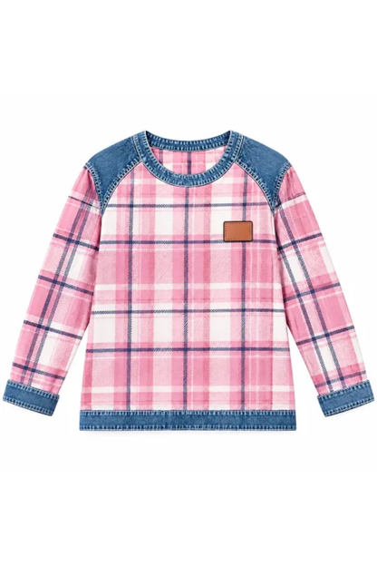 Women Fall Clothing Denim Plaid Patchwork Sweatshirt